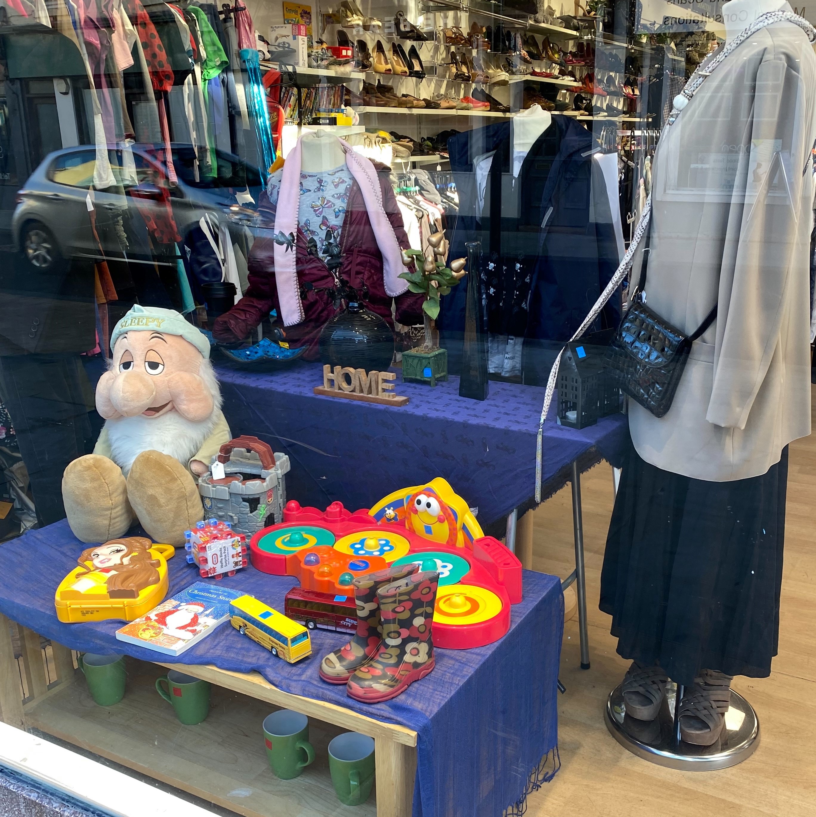section of shop front window with childrens items